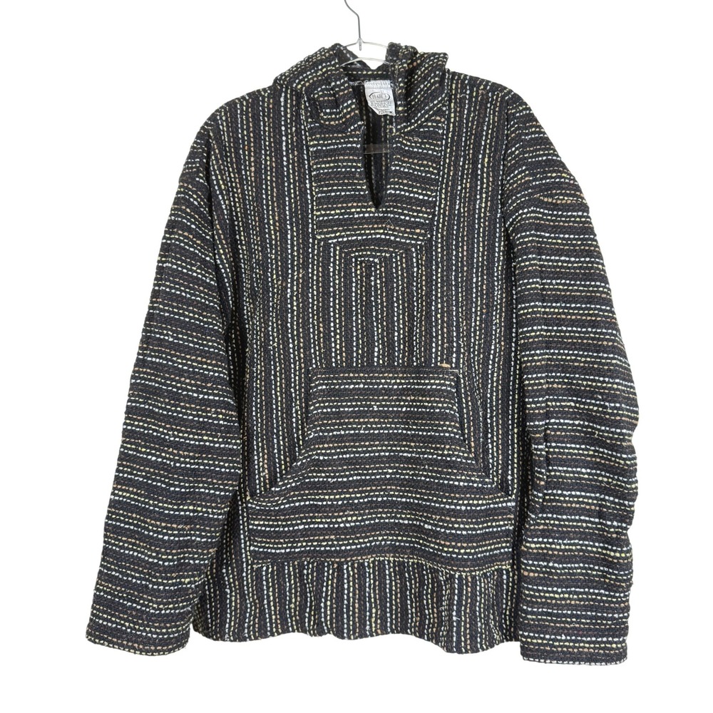 Frank's Textiles Baja Hoodie Men XL Black Woven Striped Pullover Boho Hippie